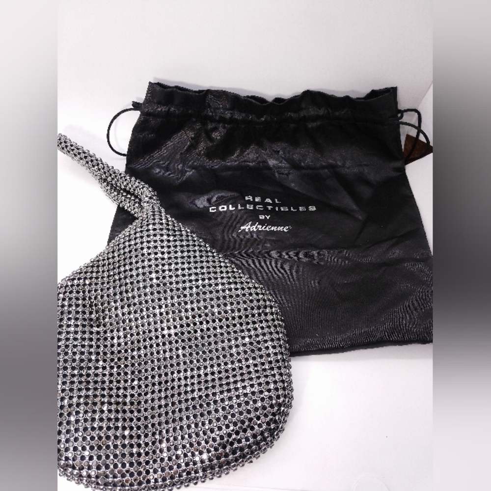 NWOT Real Collectibles By Adrienne Black and Silver Mesh Bag with Dust Cover Bag